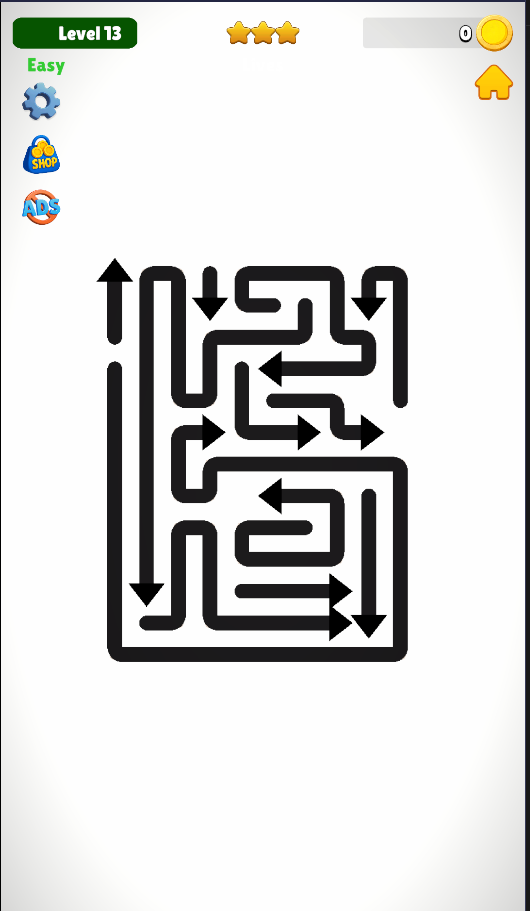 Neon Flow Out development screenshot: a board of interlocking black arrows in Level 13.